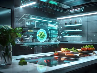 Futuristic Holographic Kitchen Interface with Interactive Recipe and Ingredient Selection