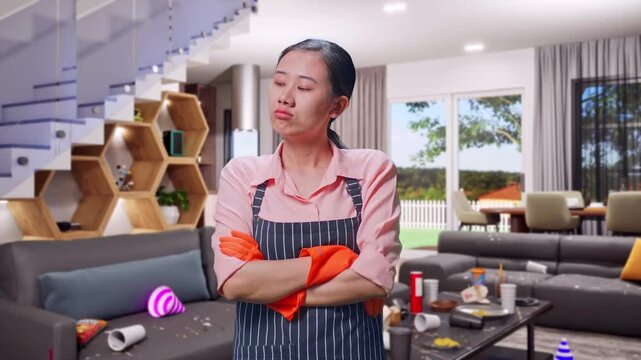Offended Asian Female Housekeeper With An Apron Crossing Her Arms And Looking Around While Standing In House
