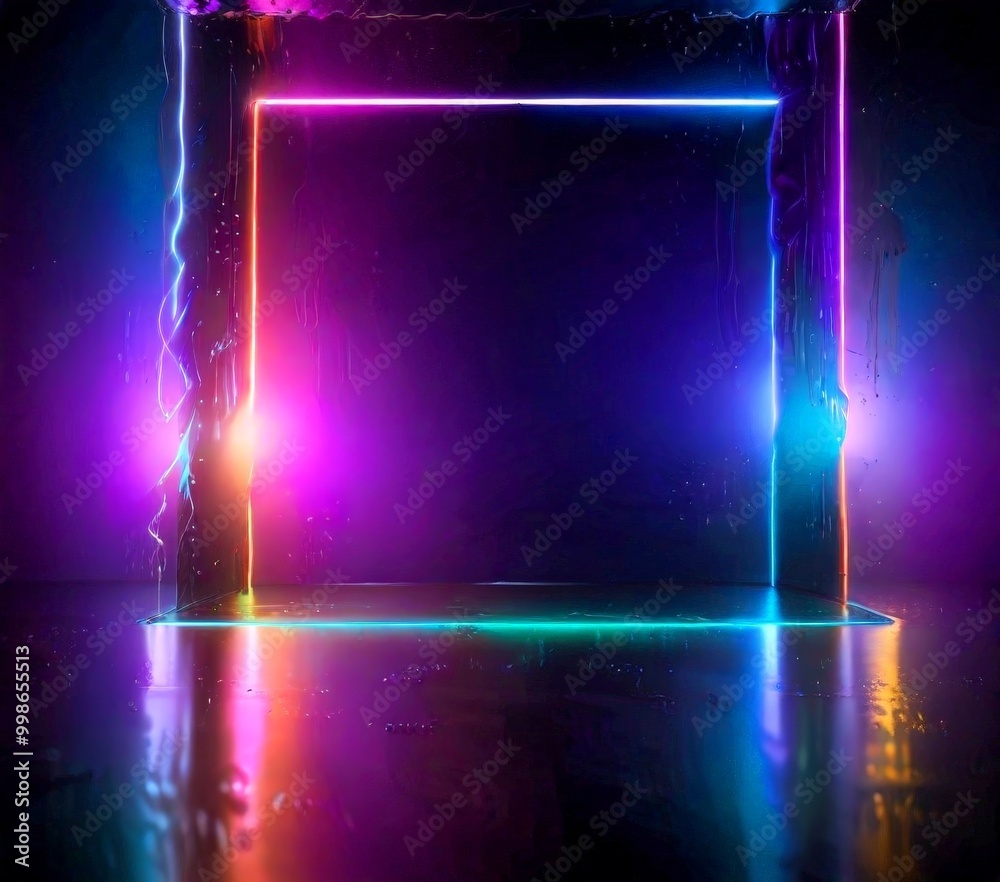 Leinwandbilder A neon-lit rectangular frame with a dark background, creating a striking visual effect