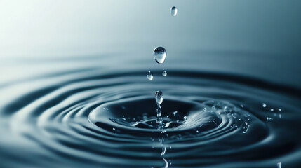 Droplets of water suspended in air create mesmerizing effect as they fall into calm surface, forming ripples that spread outward. serene blue tones enhance tranquil atmosphere