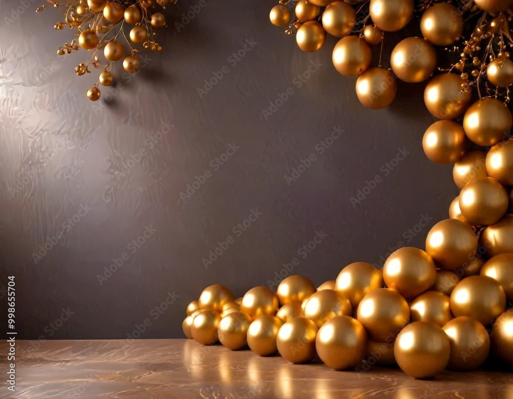 Poster A cluster of golden spherical objects, resembling gold balls or ornaments, is arranged in a cascading manner on a dark background, creating a visually striking and elegant display