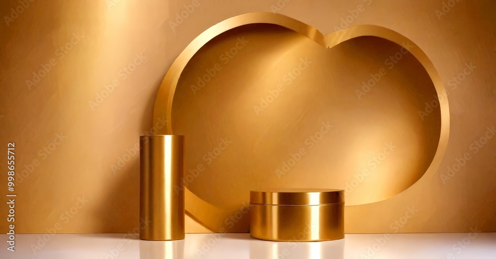 Aufkleber a golden heart-shaped frame with a curved arch and a cylindrical vase stand against a beige backgrou