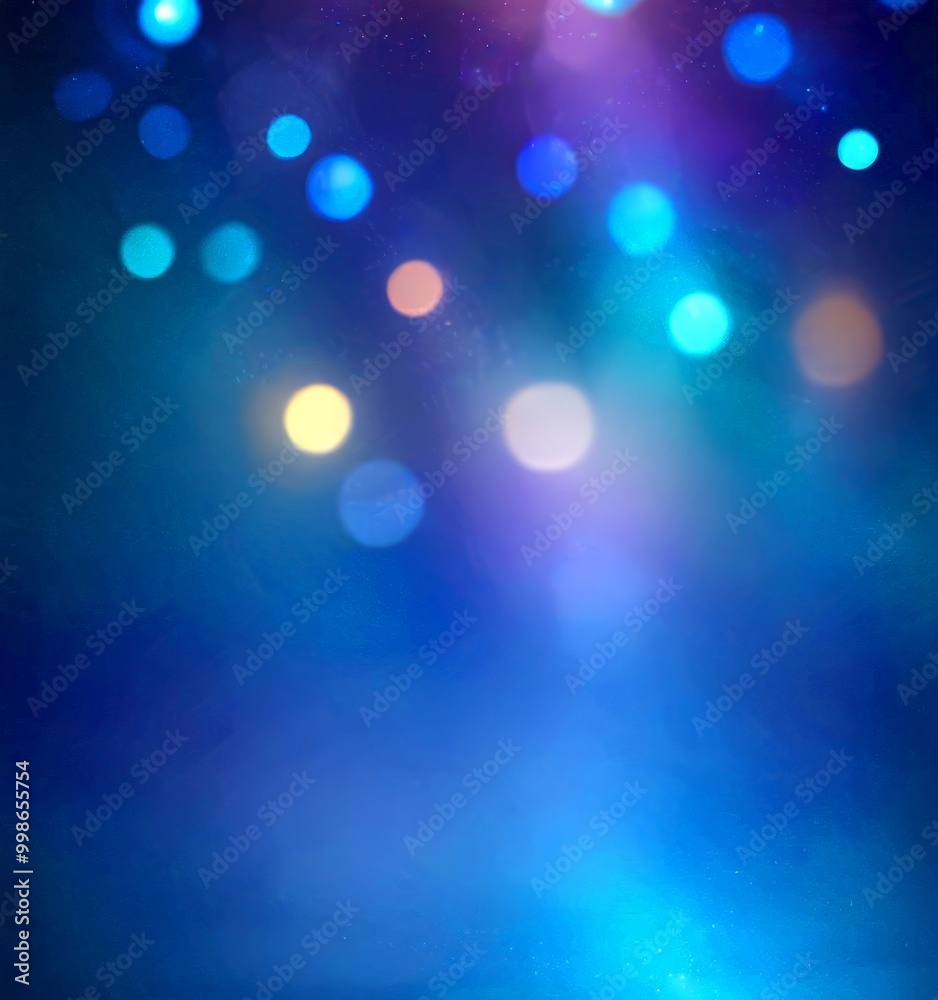 Poster a gradient of blue and purple hues, with a scattering of colorful lights resembling a bokeh effect The background is dark, creating a sense of depth and space
