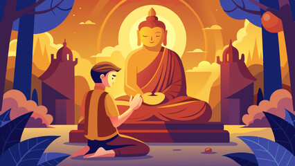 Traveler Kneeling Before Buddha Bathed in Golden Light. Perfect for: Spiritual Retreats, Cultural Celebrations, Buddhist Festivals