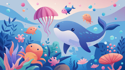 Cartoon Whales, Octopus, and Jellyfish in Animated Ocean World. Perfect for: Children's Parties, Ocean-Themed Events, Kid-Friendly Spaces