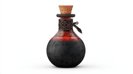 Vintage potion bottle with cork and decorative elements, white isolate background.