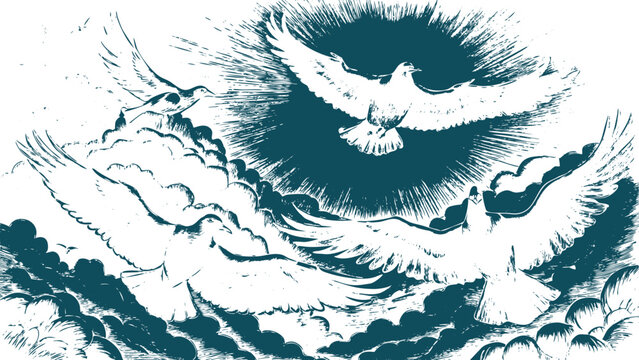 Pigeons and Crows Clashing Among Clouds in Engraving Style. Perfect for: Symbolic Art Exhibitions, Conflict Resolution Themes, Conceptual Art