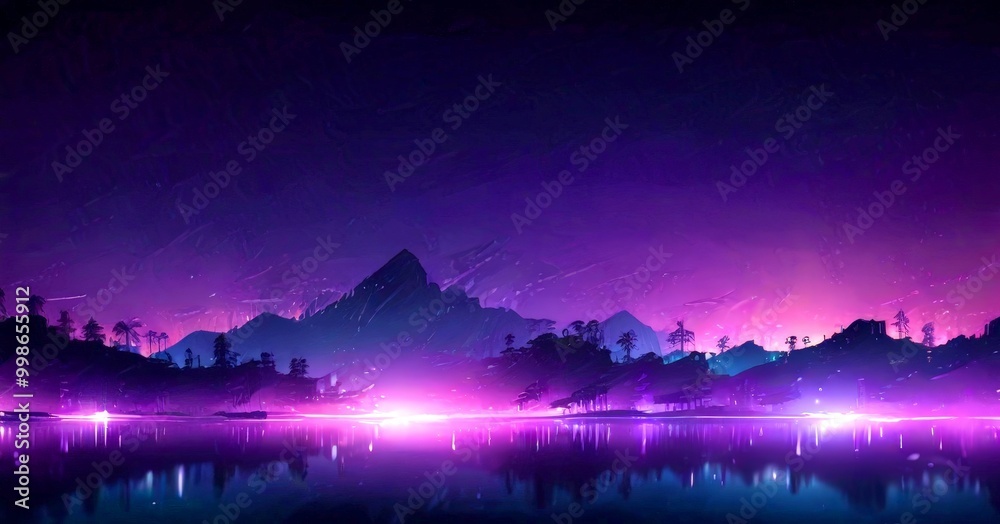 Poster a serene night landscape with a calm lake reflecting the surrounding mountains and trees the sky is 