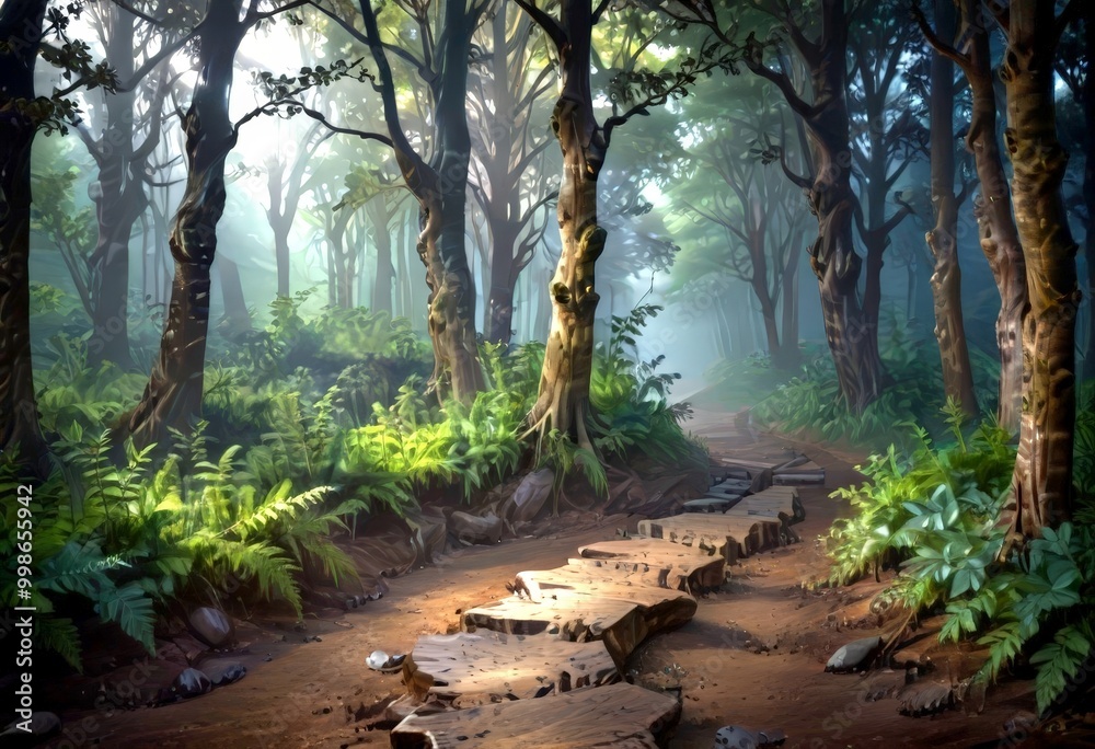 Poster a winding path through a dense, lush forest with tall trees and ferns, leading to a small clearing i