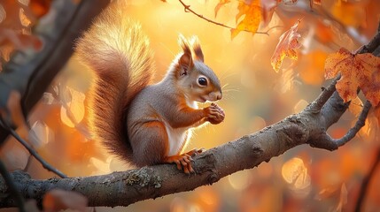 Fototapeta premium Adorable squirrel holding a nut on a tree branch during a warm autumn sunset