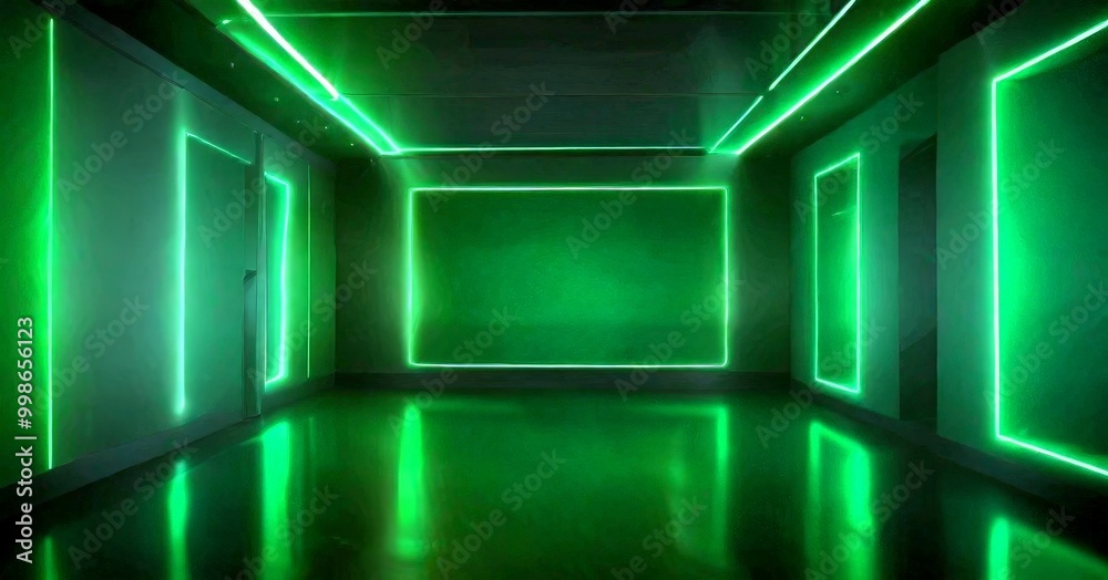 Poster a dimly lit room with a large, rectangular light fixture in the center, surrounded by green neon lig