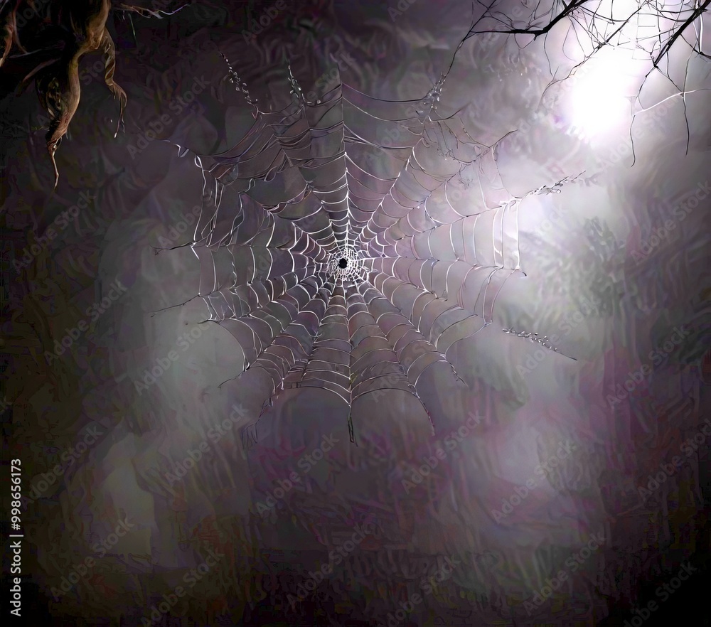 Poster A spider web glistens in the dark, its intricate structure illuminated by a soft, ethereal light
