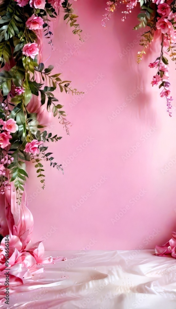 Poster a pink background adorned with pink flowers and green leaves, creating a serene and elegant setting