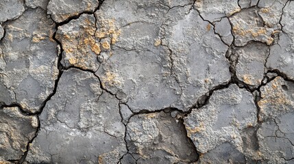 Obraz premium Close-up of cracked concrete surface showcasing weathering and textures, ideal for backgrounds and architectural designs.