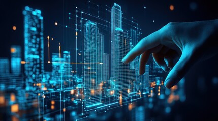 Hand interacting with a digital city model, futuristic city concept.