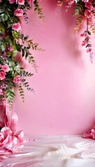 Naklejka premium A pink background adorned with pink flowers and green leaves, creating a serene and elegant setting