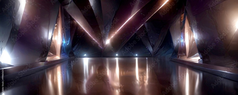 Poster a futuristic interior space with a reflective floor, angular, metallic structures, and a dramatic li