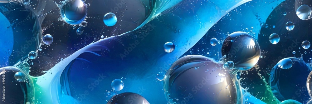 Aufkleber a vibrant underwater scene with numerous spherical water droplets in various shades of blue, green, 