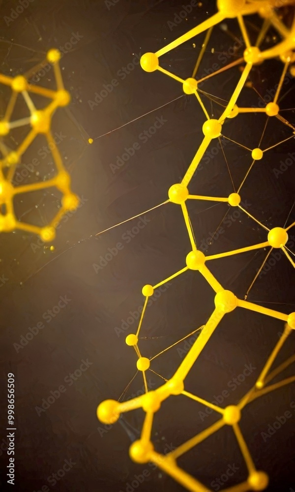 Poster a complex network of interconnected yellow spheres, resembling a molecular structure, set against a dark background