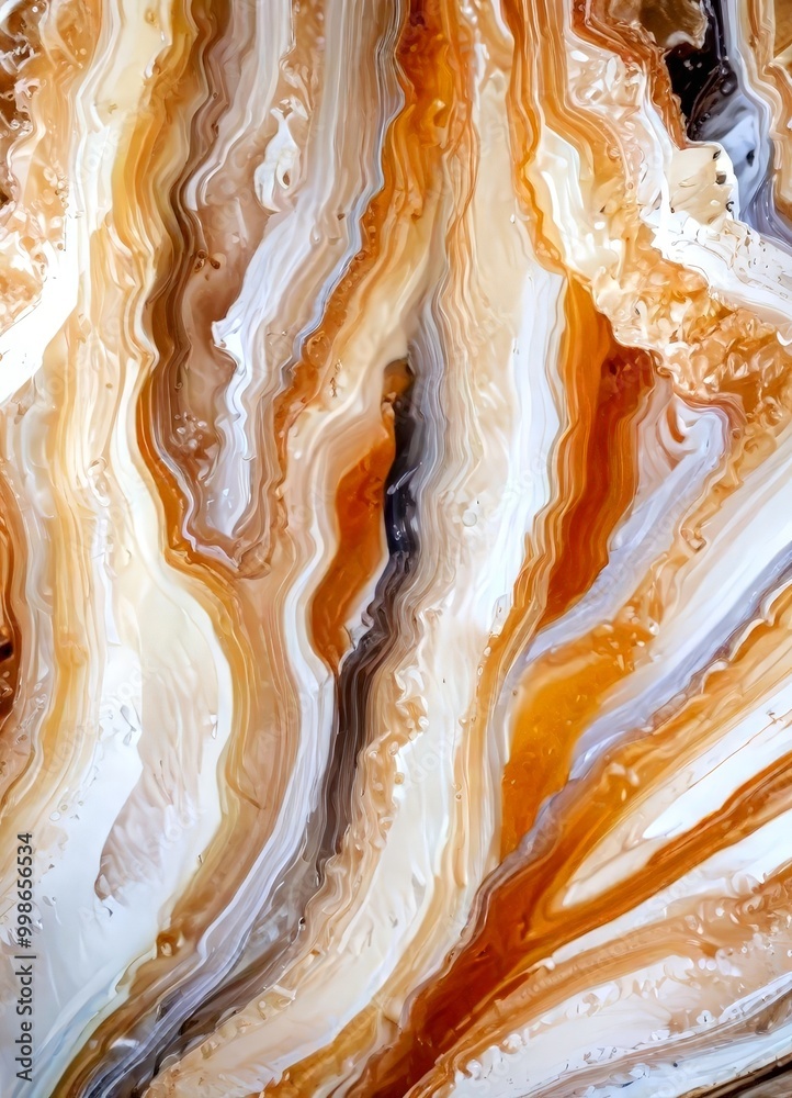 Poster a close-up view marble-like surface with a swirling pattern of brown, orange, and white colors, resembling the natural patterns found in marble