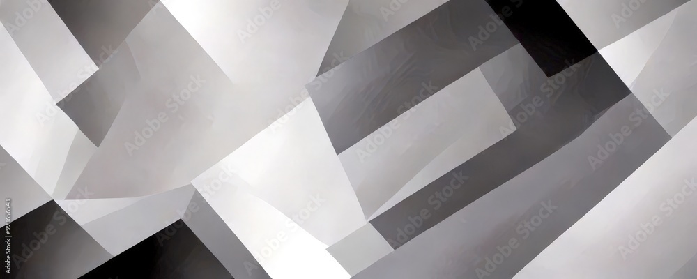 Poster a geometric abstract composition of overlapping gray and white rectangles and triangles, creating a sense of depth and complexity