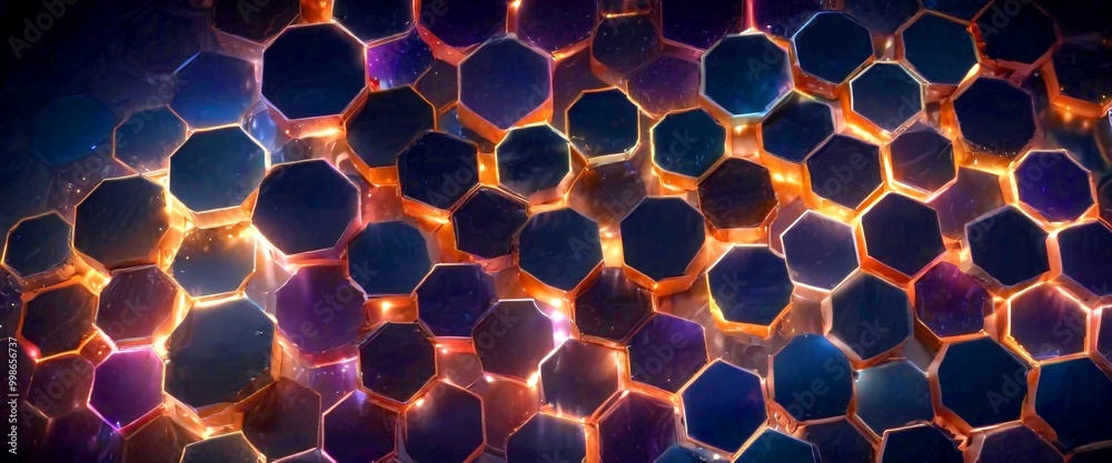 Poster a close-up view pattern of hexagonal shapes in various shades of blue, purple, and orange, creating a visually striking and abstract design