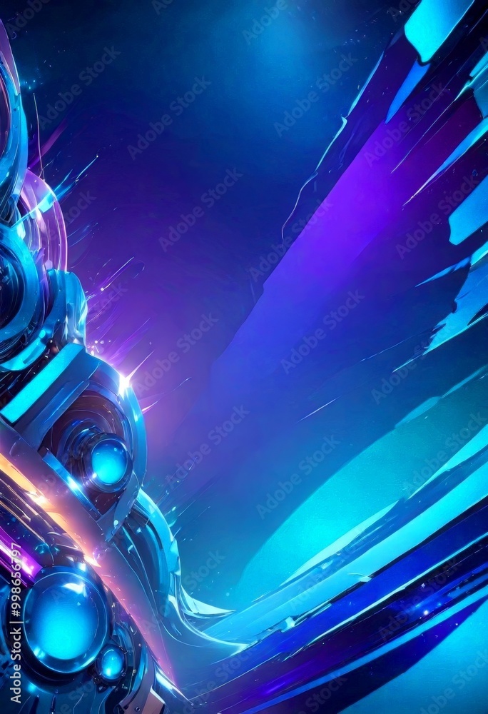 Poster a digital art piece featuring a futuristic, abstract design with a mix of blue, purple, and orange h