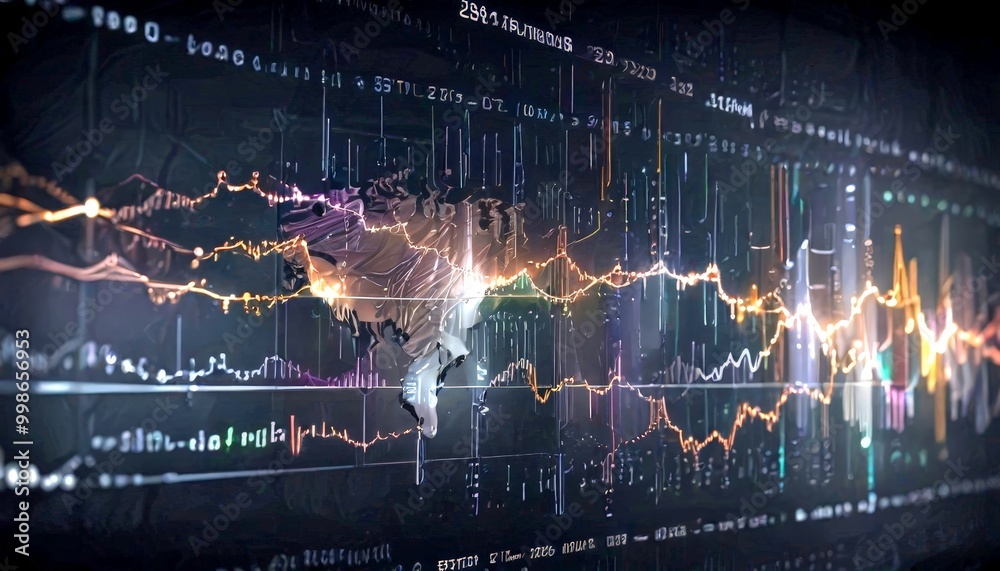 Poster a computer screen displaying a complex array of colorful lines and data points, suggesting a digital data visualization or charting system
