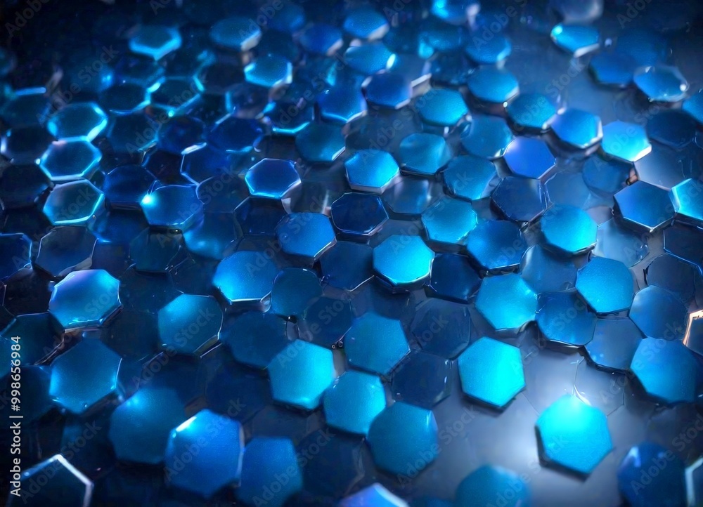 Poster a close-up view pattern of blue hexagonal tiles arranged in a grid-like fashion, creating a visually striking and abstract design