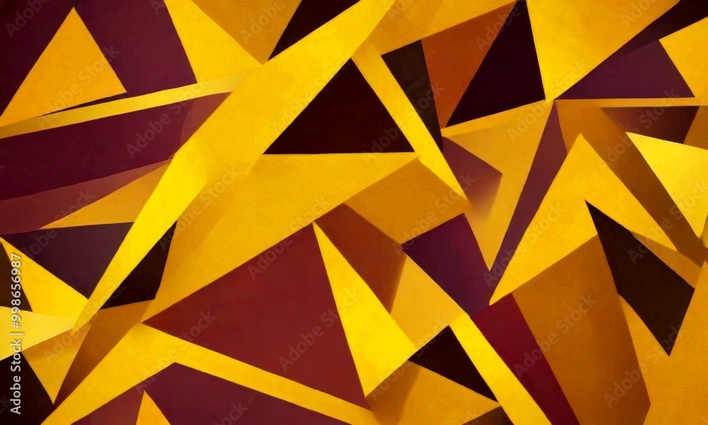 Leinwandbilder a complex arrangement of overlapping triangular shapes in various shades of yellow, burgundy, and dark brown, creating a visually striking abstract pattern