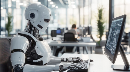 Artificial intelligence robots working at computer in a modern office, data center. People and artificial intelligence futuristic robot working together in office. AI assistant business helper concept