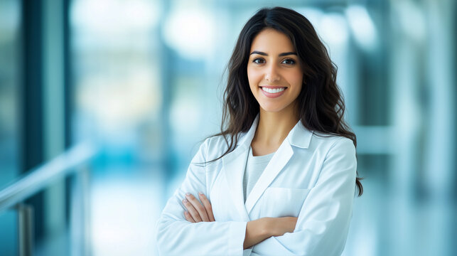 A confident young scientist with a wide smile, arms crossed in her lab coat, standing against a bright and soft bokeh background, exuding professionalism and warmth, with ample roo