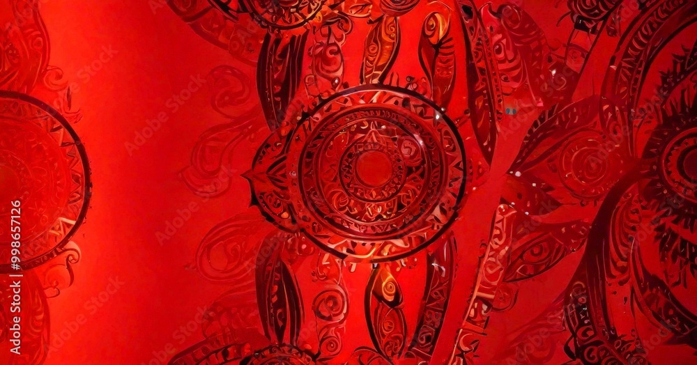 Aufkleber a vibrant, abstract pattern with a red background and intricate designs in black and gold The pattern includes circular shapes, spirals, and other geometric elements, creating
