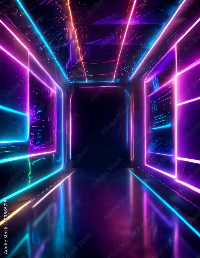 Poster A futuristic corridor with neon lights reflecting on the floor, creating a mesmerizing and otherworldly atmosphere