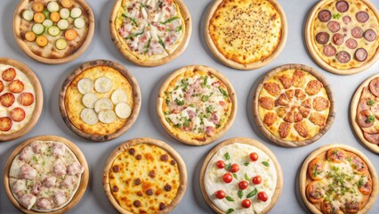 Top view collection of Pizza with different tasty isolated on background, Popular fast food, flat lay pizzas.