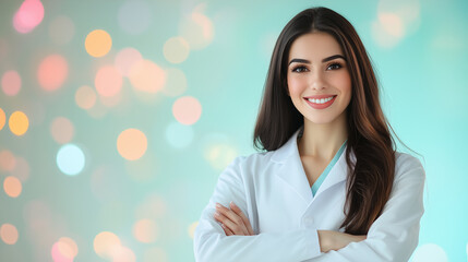 A happy young doctor with long hair and a bright smile, her arms crossed in a white coat, set against a vibrant bokeh background with glowing light, leaving space for text or messa