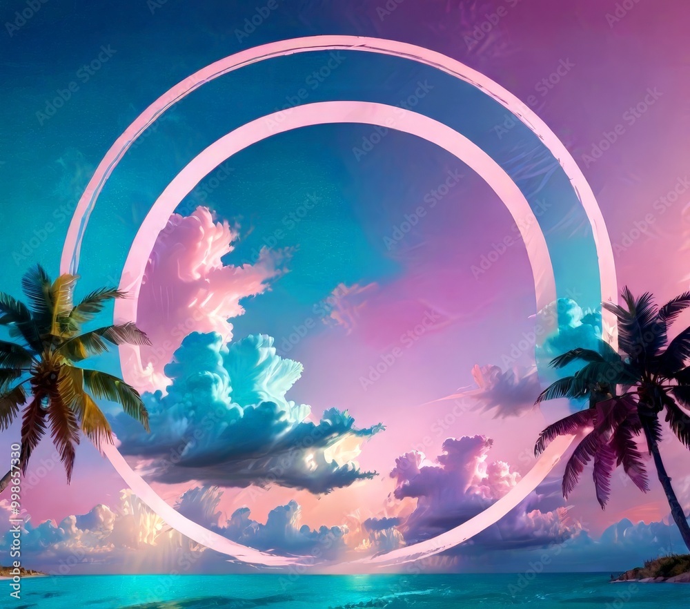 Poster a surreal digital artwork featuring a circular frame with a tropical beach scene, palm trees, and a 