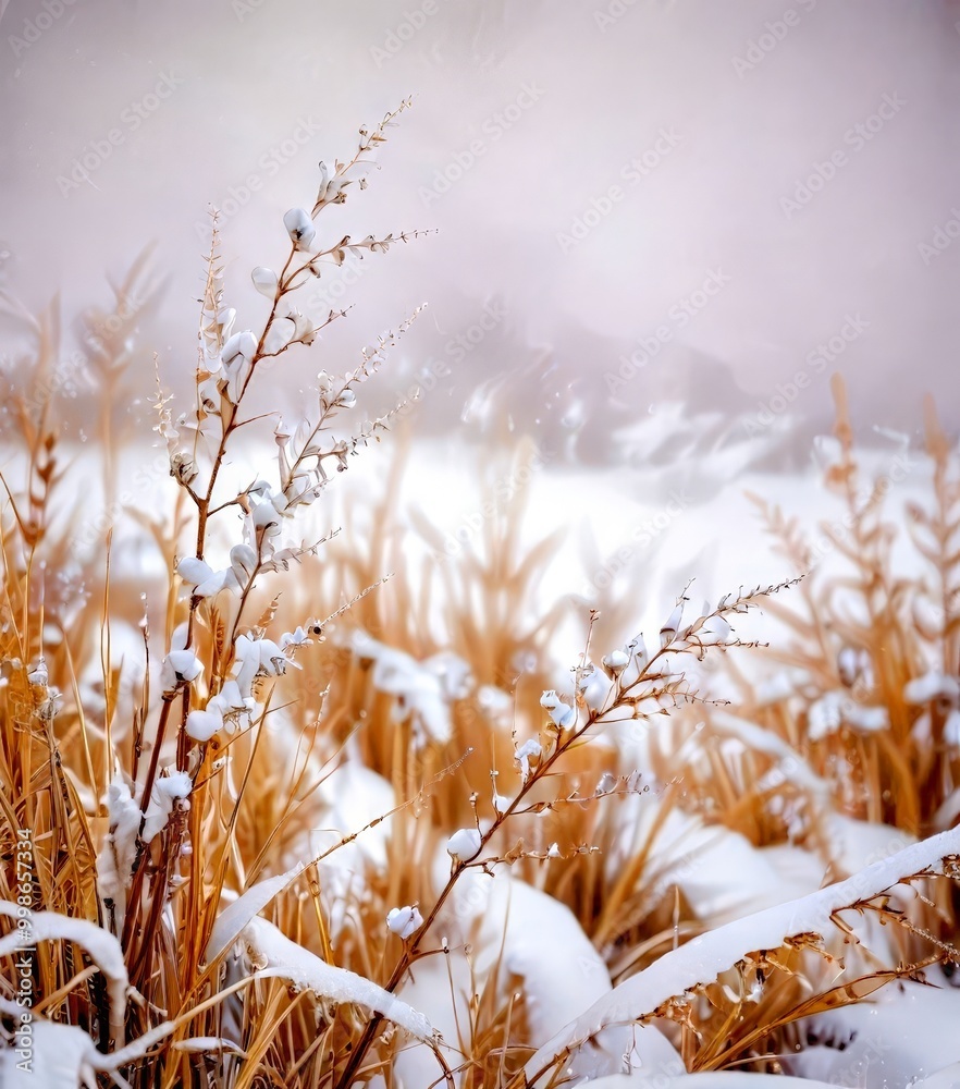 Poster snow-covered plants in a field, with a hazy background