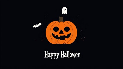 A smiling jack-o'-lantern with a ghost and a bat on a dark background.