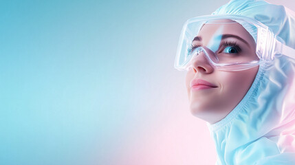 A woman in a protective suit, her goggles pushed up as she smiles optimistically while breathing fresh air, her expression filled with hope for scientific progress, with a soft pas