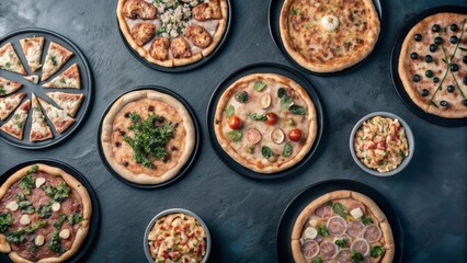 Top view collection of Pizza with different tasty isolated on background, Popular fast food, flat lay pizzas.
