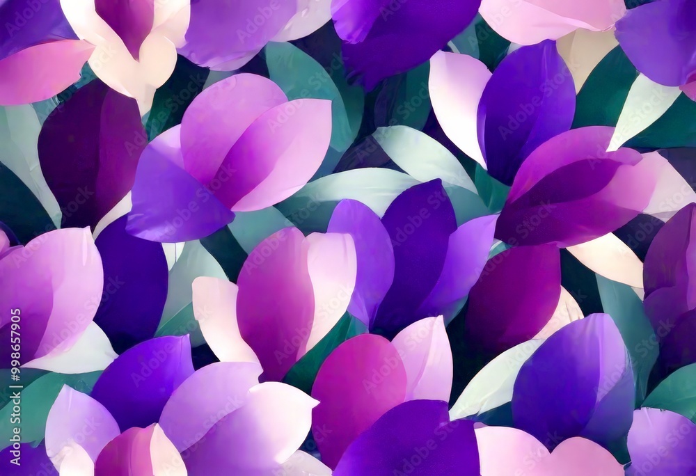 Poster a vibrant and abstract pattern of overlapping purple and pink flowers, with a mix of light and dark shades, creating a visually striking and dynamic composition