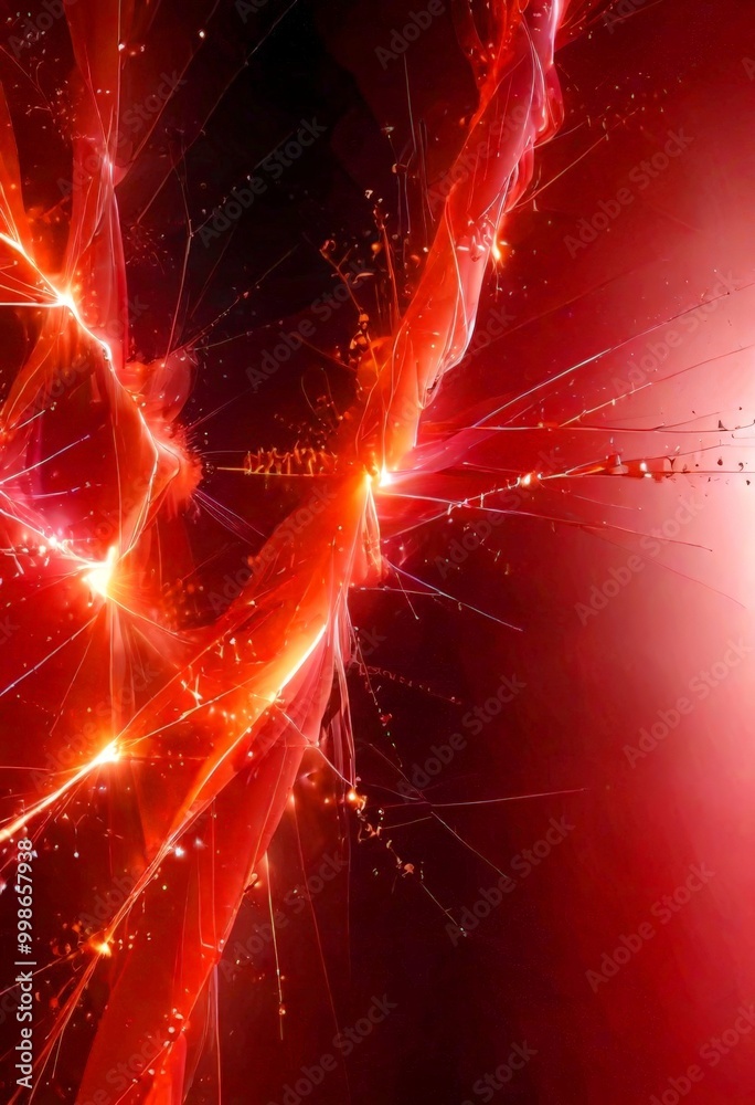 Poster a vibrant abstract composition of red and orange hues, with a central line of light and dark lines radiating outwards, creating a dynamic and energetic visual effect