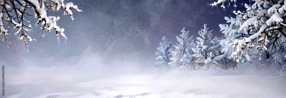 Poster A serene winter landscape features snow-covered trees and a misty, hazy sky, creating a tranquil and ethereal atmosphere
