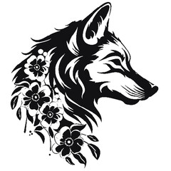 Wolf Head with Flowers silhouette vector illustration