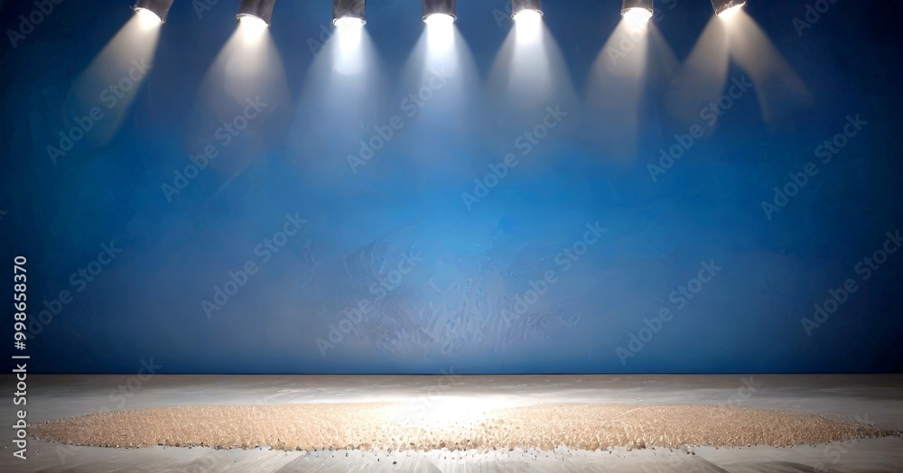 Poster a stage with a blue background, six spotlights shining down on a pile of small white objects, possib
