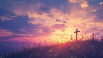 Cross on a hilltop against a stunning sky, embodying an Easter theme. 