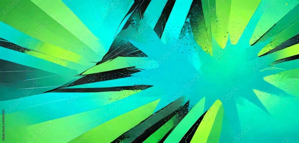 Poster a vibrant abstract composition with a mix of green, black, and yellow colors, creating a dynamic and