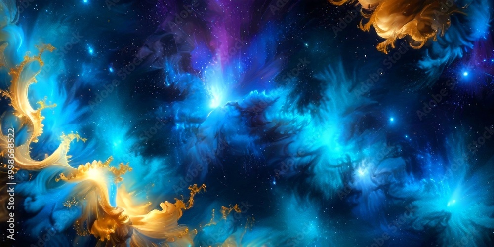 Poster a digital artwork depicting a cosmic scene with swirling, multicolored clouds of gas and dust, resem