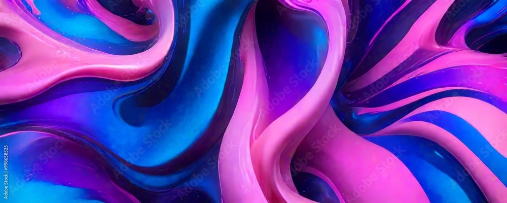 Poster a vibrant abstract composition of swirling, fluid shapes in shades of blue, pink, and purple, creati